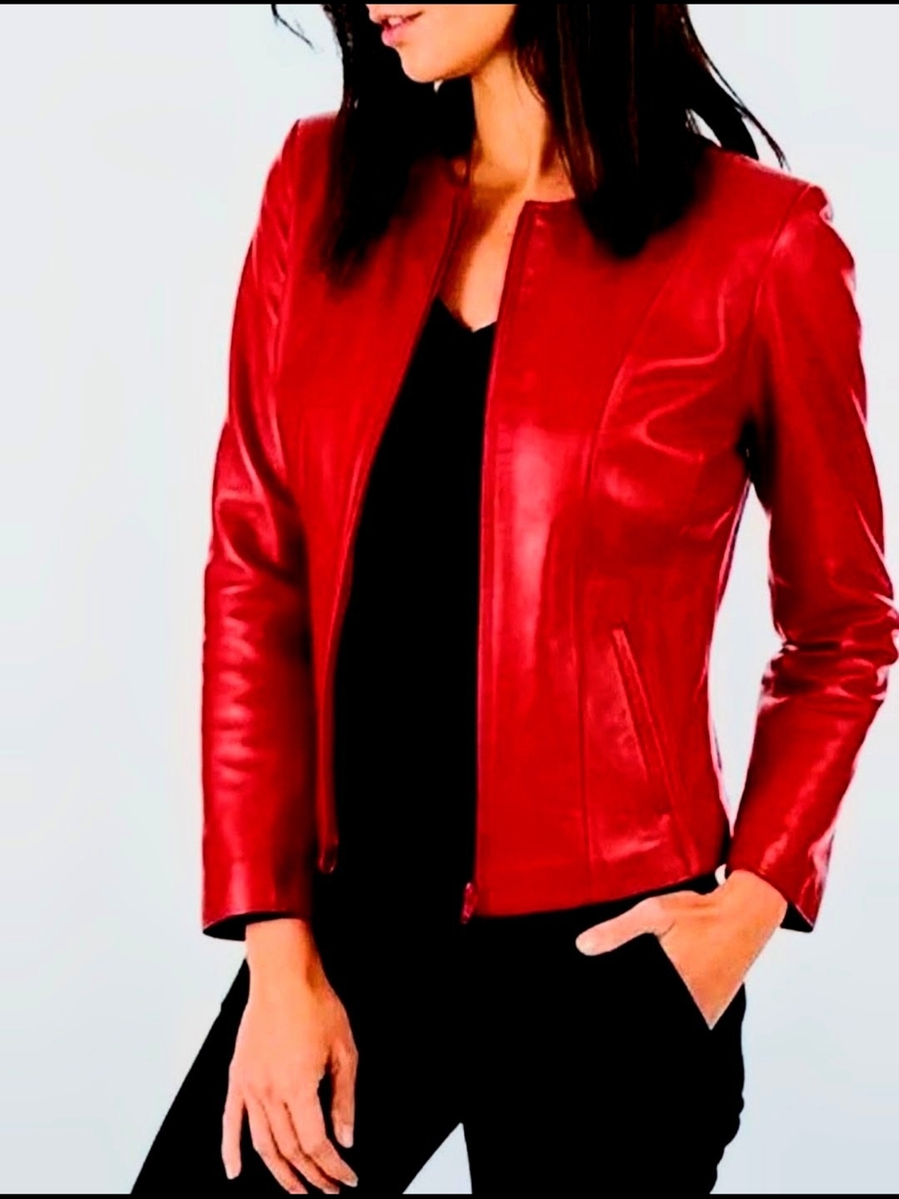 Women's Genuine Red Leather Jacket — Minimal Collar, Sleek Fit